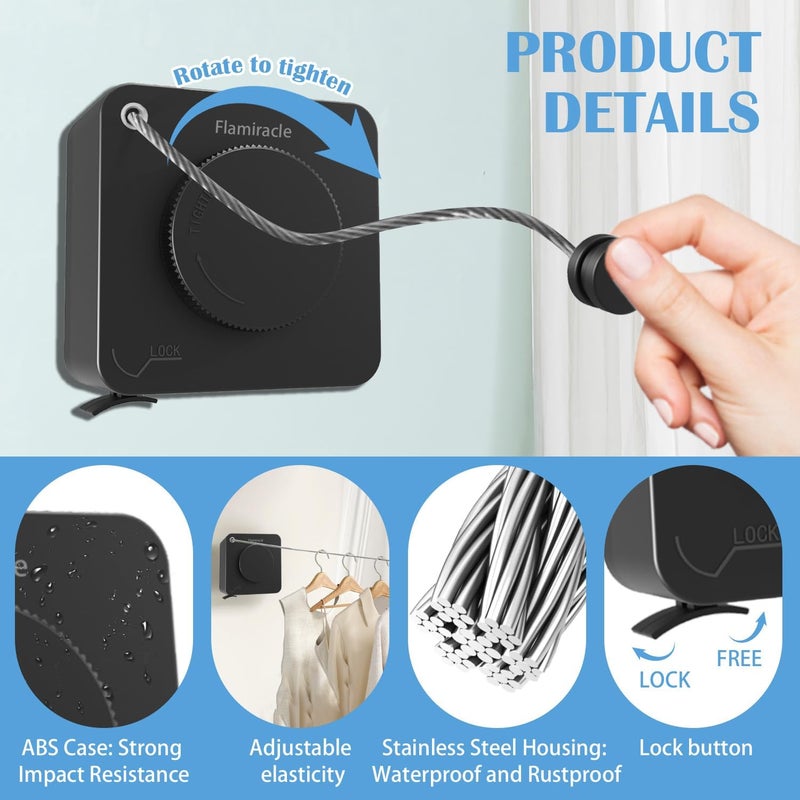 Flamiracle Retractable Clothesline Indoor, Non-Sagging Outdoor Clothes Line Retracting 15.7 Feet Heavy Duty Laundry Line Retractable Wall Mounted Clothes Line Outdoors (Square-Black) - Image 4